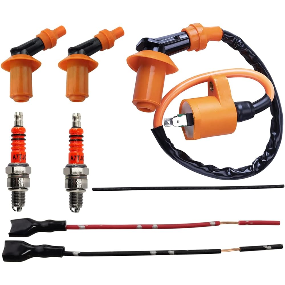 GY6 Ignition Coil A7TC Electrode Spark Plug Electrode Spark Plug Cap Ignition Coil Wire Plug GY6 49cc-150cc ATV Go Kart Moped (Yellow)