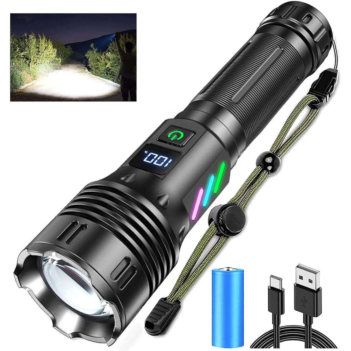 Helius Super Powerful Flashlight, LED, Military, Strongest, 89,0000 Lumens, Ultra Bright, Penlight, Type-C USB Rechargeable, 9000 M, Ultra Long Field, Handy Light, 5 Modes Dimmable, Zoom, Lightweight,