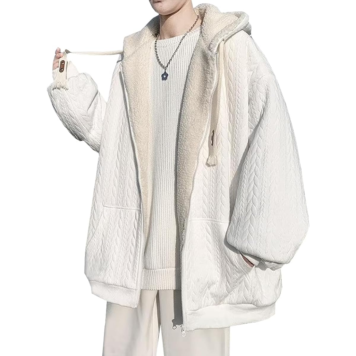 [Anzn] Men's Parka, Brushed Lining, Spring, Autumn, Winter Parka, Long Sleeve, Hooded, Cool, Zip-up Coat, Cardigan, Men's, Stylish, Casual, Coat, Jersey
