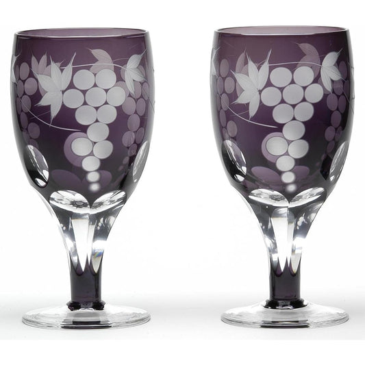 Mitsuwa Glass Crafts Glass Workshop Saiho Grape Pattern Pair of Beer Cups with Foot M-62-2V