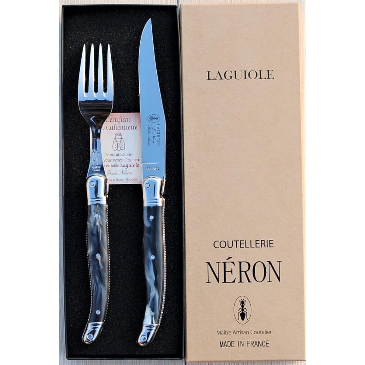 Raieur ABS handle 2.5mm dinner knife 2.0mm fork set in gift box Made in France NERON black marble style