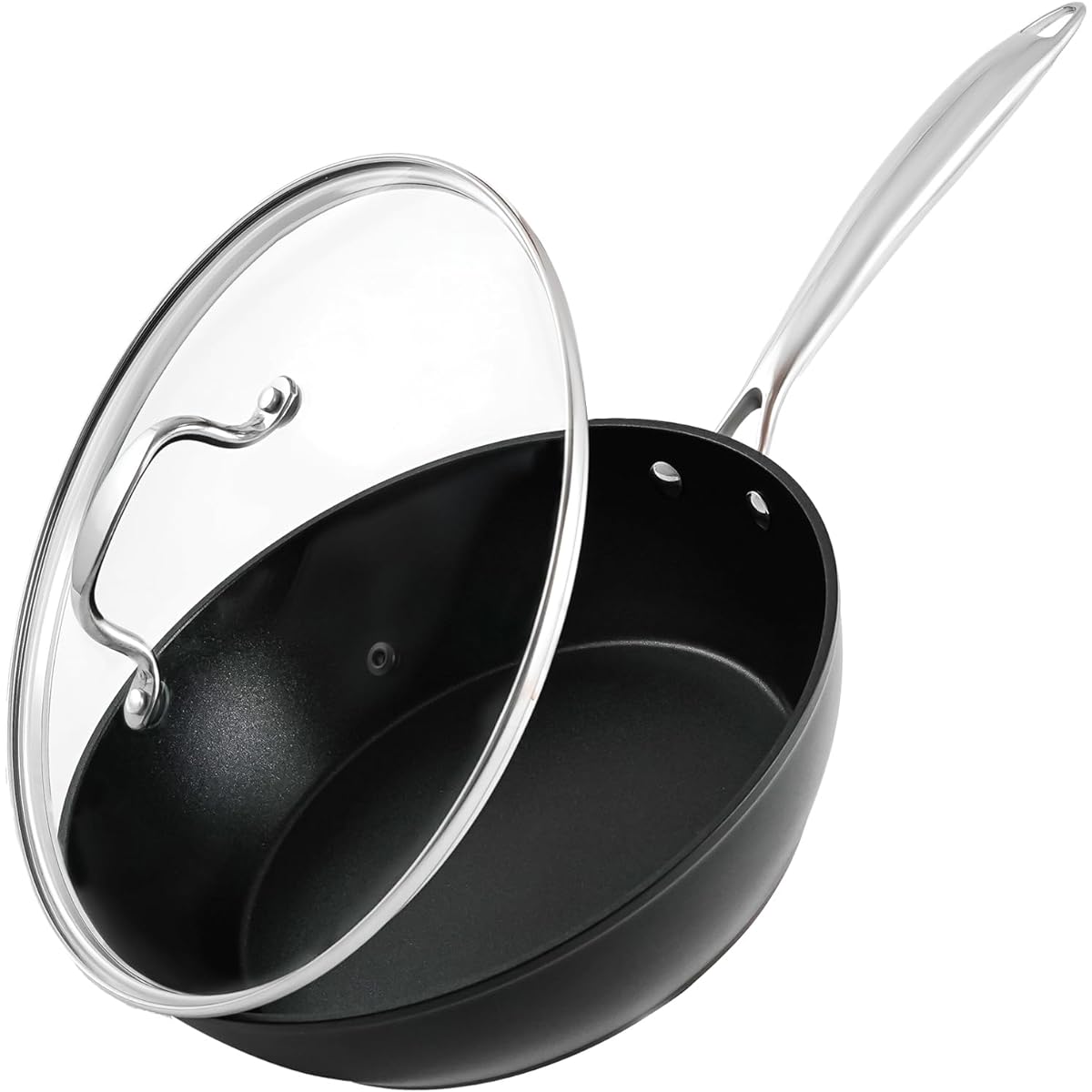 Fijinhom Deep Frying Pan, 26 cm, IH, Gas Fire Compatible, Stir-Fry Pot, Non-Stick, Easy to Clean, Contains No Harmful Substances, PFOA Free, No Even Heat, Dishwasher Safe, Lid Included, 2 Year Manufacturer's Warranty, Black