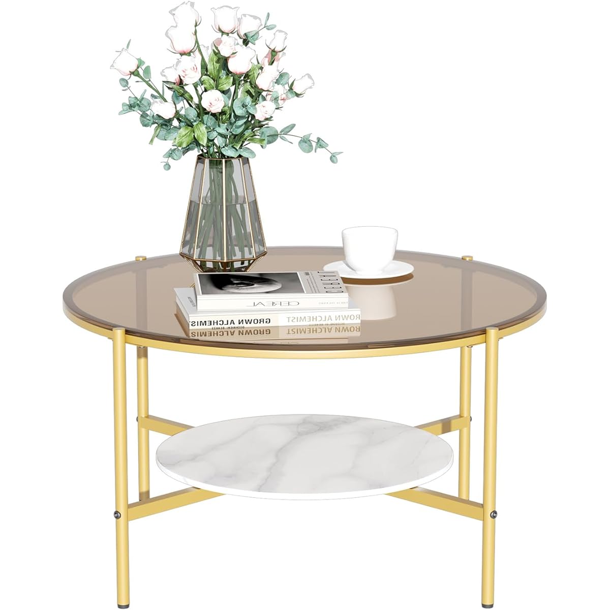 Artloge Low Table with Storage, Round Center Table, Glass, Stylish Living Table, Large Cafe Table, 2 Tiers, Brown, Sturdy, Low Table, Round Table, Cute, Modern