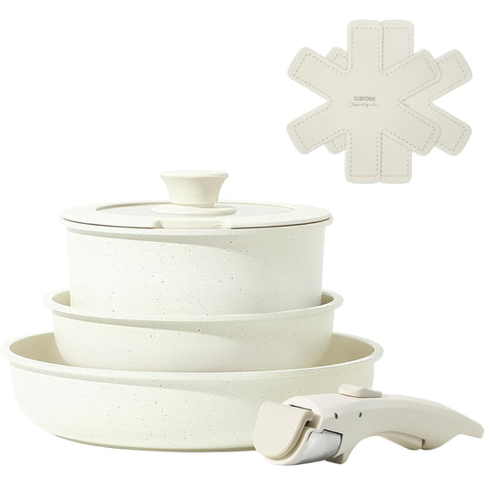 CAROTE Frying Pan Set, 5 Pieces, IH/Gas Fire Compatible, PFOA, PFOS Free, Pot Set, Removable Handle, Set for Living Alone, Marble Coat, Smooth Slip, Easy to Clean, No Sticking, Beige, One Year Warranty, ICE CREAM