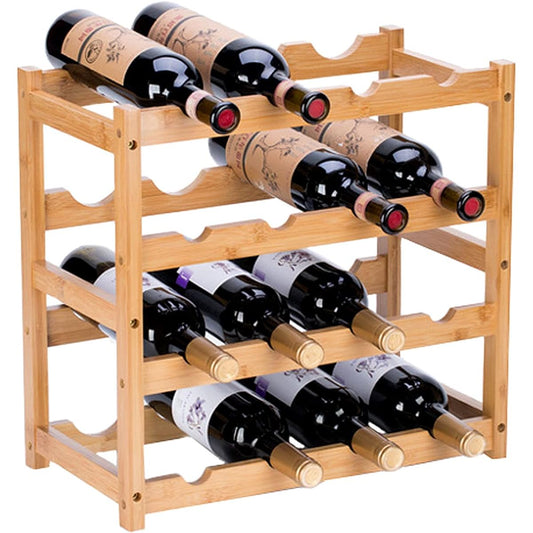 Anberotta Bamboo Wine Rack Wine Holder Wine Champagne Bottle Wood Storage Case Stand Interior Display Available in 2, 3, and 4 Tiers W65 (Storage for 16 Bottles, 4 Tiers/Brown)