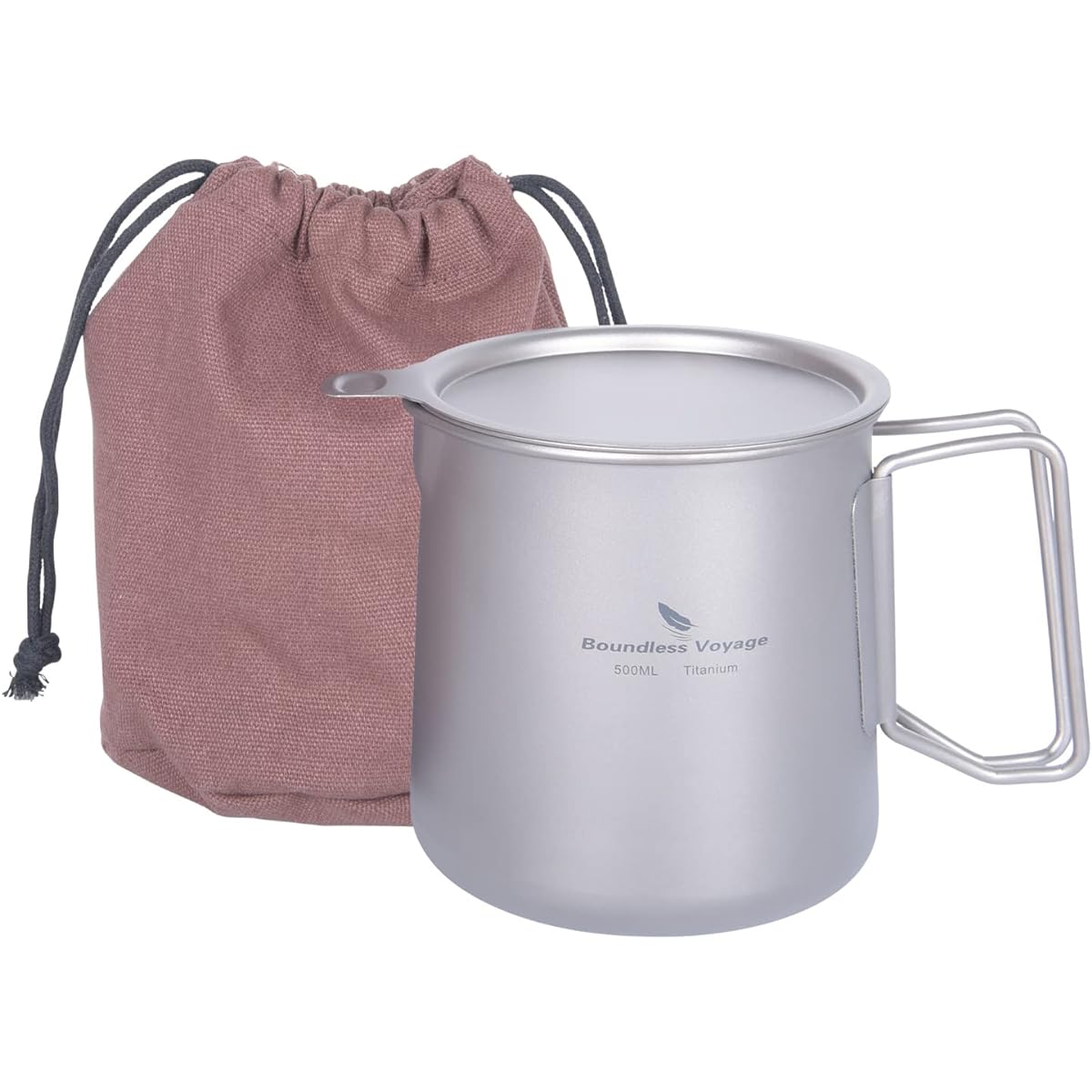 iBasingo 500ml Titanium Mug with Tea Strainer, Folding Handle, Lightweight, Direct Fire OK, Comes with Lid, Rust-Free, Outdoor, Camping, Tea Utensils for Home Use, Storage Bag Included JP-Ti3125D