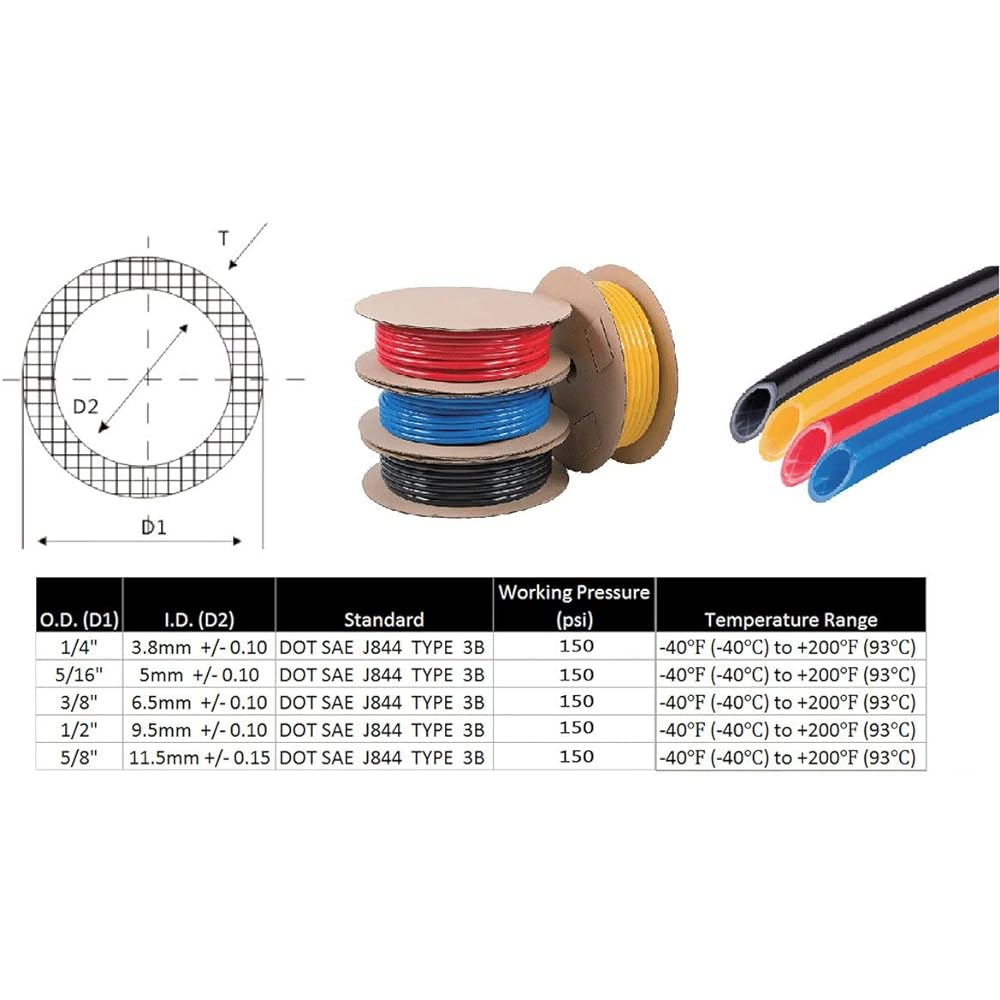 Mytee Products 3/8 inch OD X 100 Feat Black SAE J844 Nylon Air Brake Tube DOT Approval | Air Pressure Nylon Hose Air Brake System