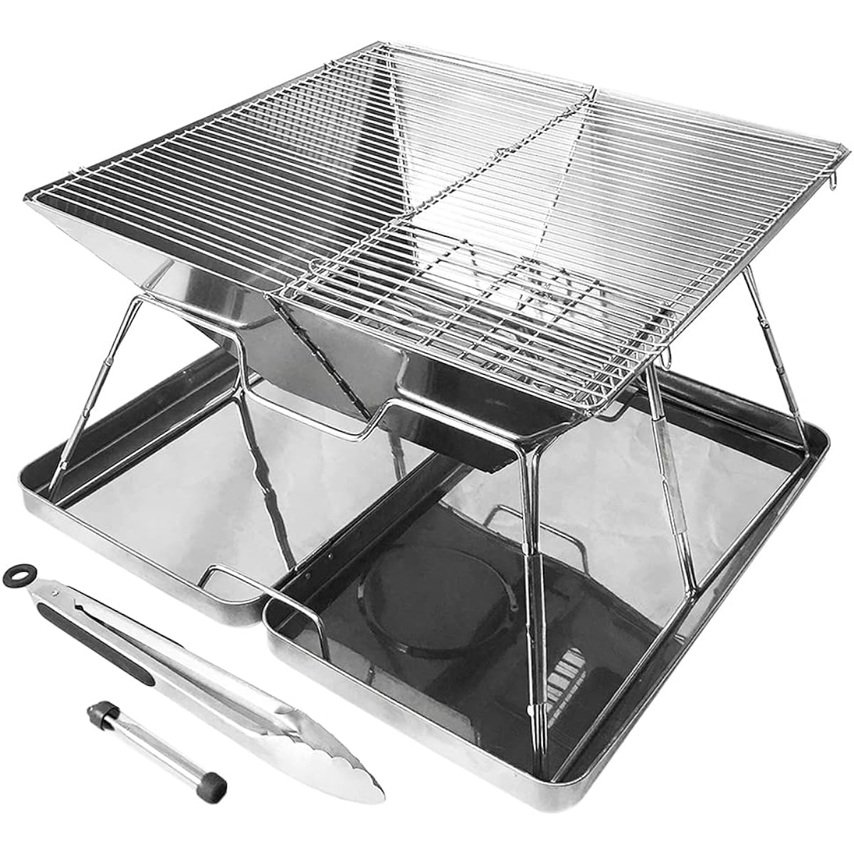 Camp Greaves [Domestic Brand] Barbecue Stove, Bonfire Stand, Family Camping, For 4-6 People, 42D x 42W x 27Hcm, Compact, Foldable, Tongs, Fire Blowout Stick, Charcoal Scissors, Stainless Steel, Side Storage