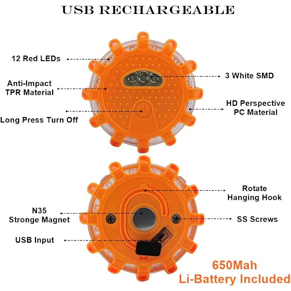 USB rechargeable LED road flare Emergency Light Warning Car Safety Bee Confrdering Disc Flare Kit Magnetic Base Vehicle & 3 Bat Conditions for Boat