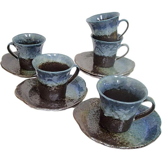 Coffee cup saucer Lake of the Forest 5-piece set Japanese pottery for commercial use Mino ware