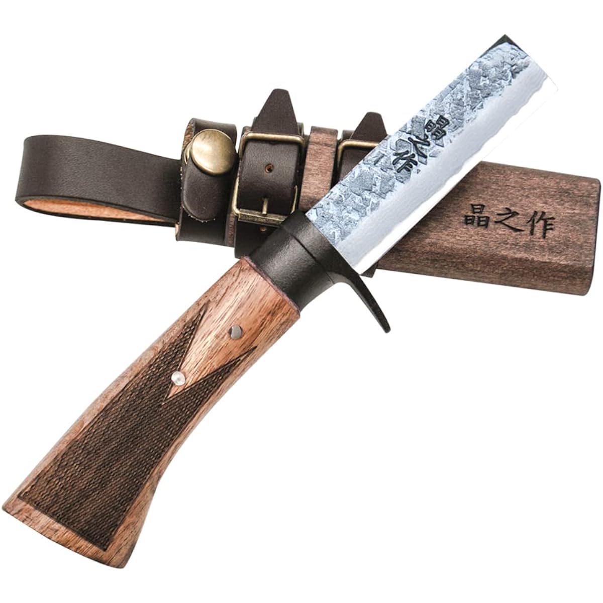 Akinosaku Tosa forged Damascus Mameyama play hatchet bip-801 waist hatchet, hammered polish, black brim ring, wooden handle oil stain checker, wood sheath oil stain/leather band button type Toyokuni sheath knife forged outdoor camping Tosa cutlery