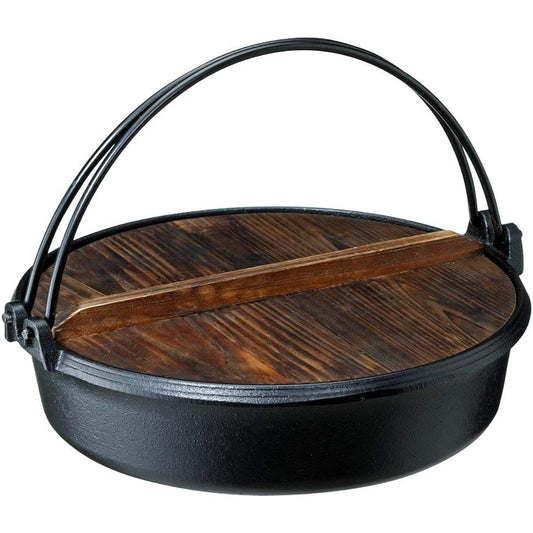 Ishigaki Sukiyaki Pot with Wooden Lid, Gas Fire, IH, Cast Iron, Approximately Width 29 x Depth 27.5 x Height 8.5cm, 6 pieces