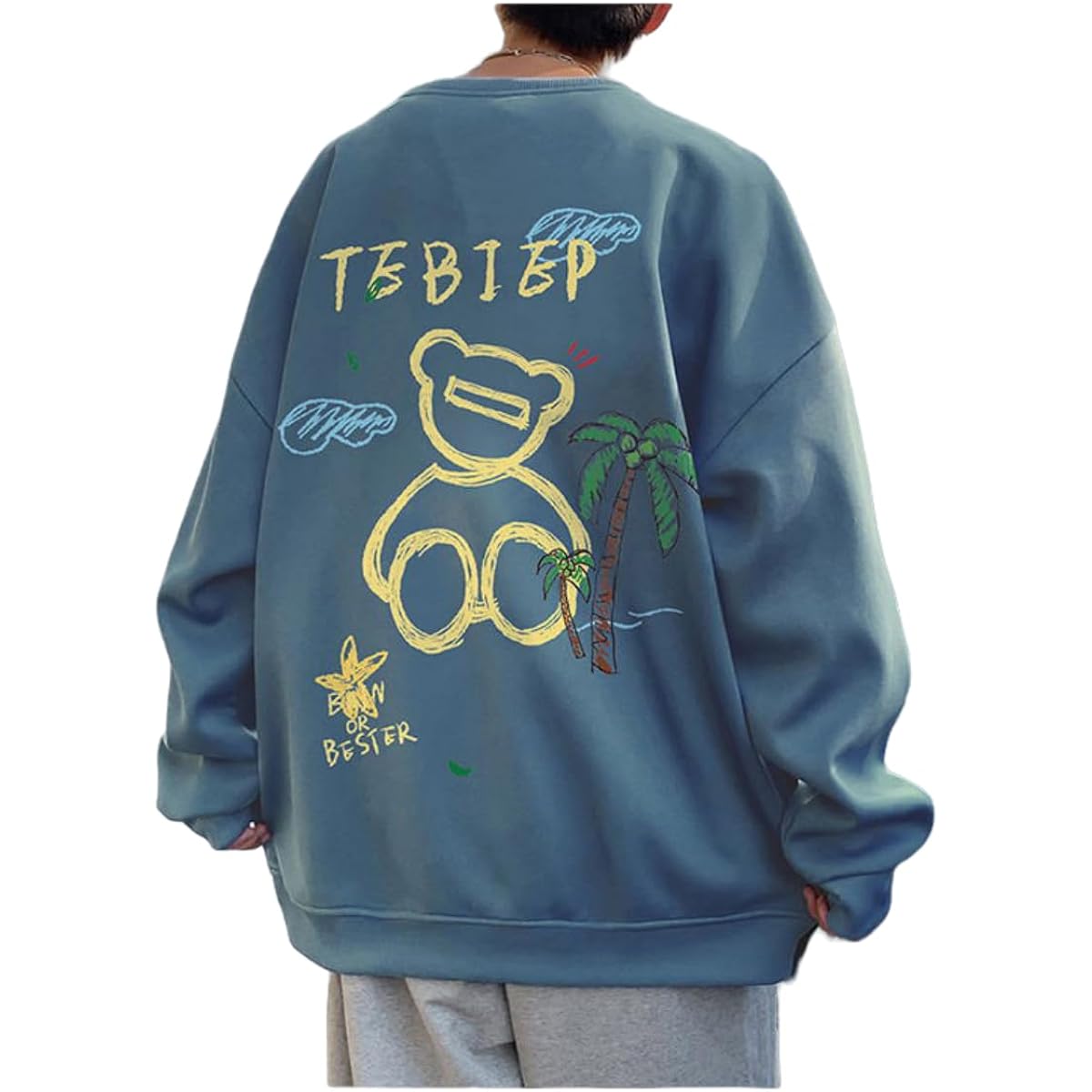[CALEBGAR] Sweatshirt, Men's, Autumn Clothes, Long Sleeve, Round Collar, Cute, Bear, Funny, Back Print, Stylish, Student, Outerwear, Loose, Comfortable, Korean, Popular, Casual, Autumn, Winter, Spring, Cool Tops, Comfortable Sweatshirts