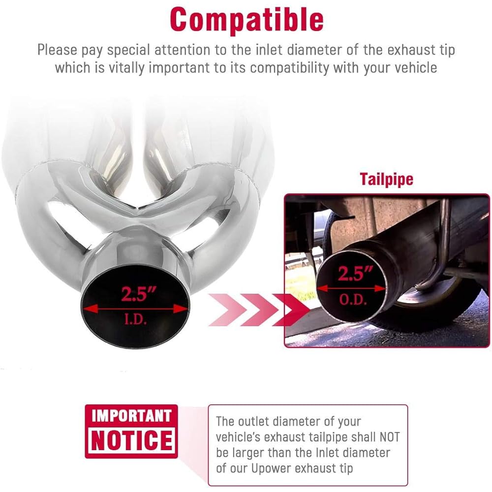 UPOWER 2.5 inch inlet 3.5 -inch outlet dual exhaust chips pipe 2.5 inches to 3.5 inches 9.75 inches stainless steel polished vacuum plating blue 1.2mm tail pipe (single wall, roll edge)