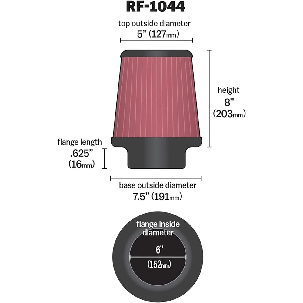 K & N Universal Clamp On Air Filter: High performance, premium, washing, replacement filter: Flange diameter: 6 inches, 8 inches, flange length: 0.625 inch, shape: Round tapard, RF-1044.