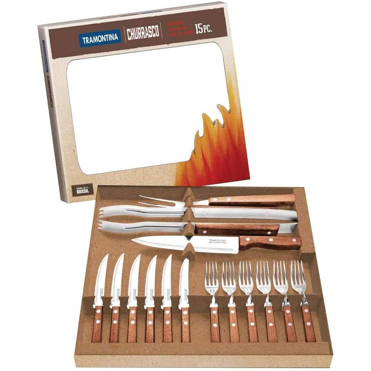 Tramontina Dynamic Natural Wooden Barbecue Kitchen Tools 15 Piece Set Churrasco Tools Durable Stainless Steel Specifications Large Size Natural Wood Respect for the Aged Day Housewarming Gift Made in Brazil 22399/028 TRAMONTINA