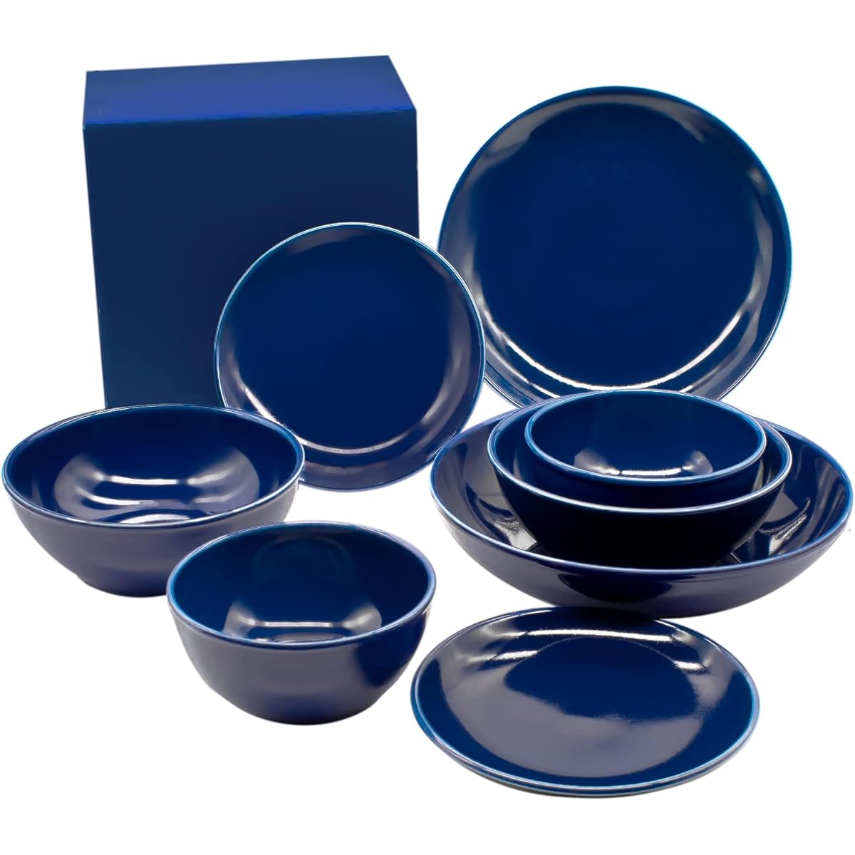 Nishikai Pottery Hasami Ware "Common" Tableware Set for 2 People Living Alone 8 Piece Set Plate Dishes Salad Bowl Cereal Bowl Wedding Gift Dishwasher Microwave Safe Made in Japan Navy Blue 52081 21cm