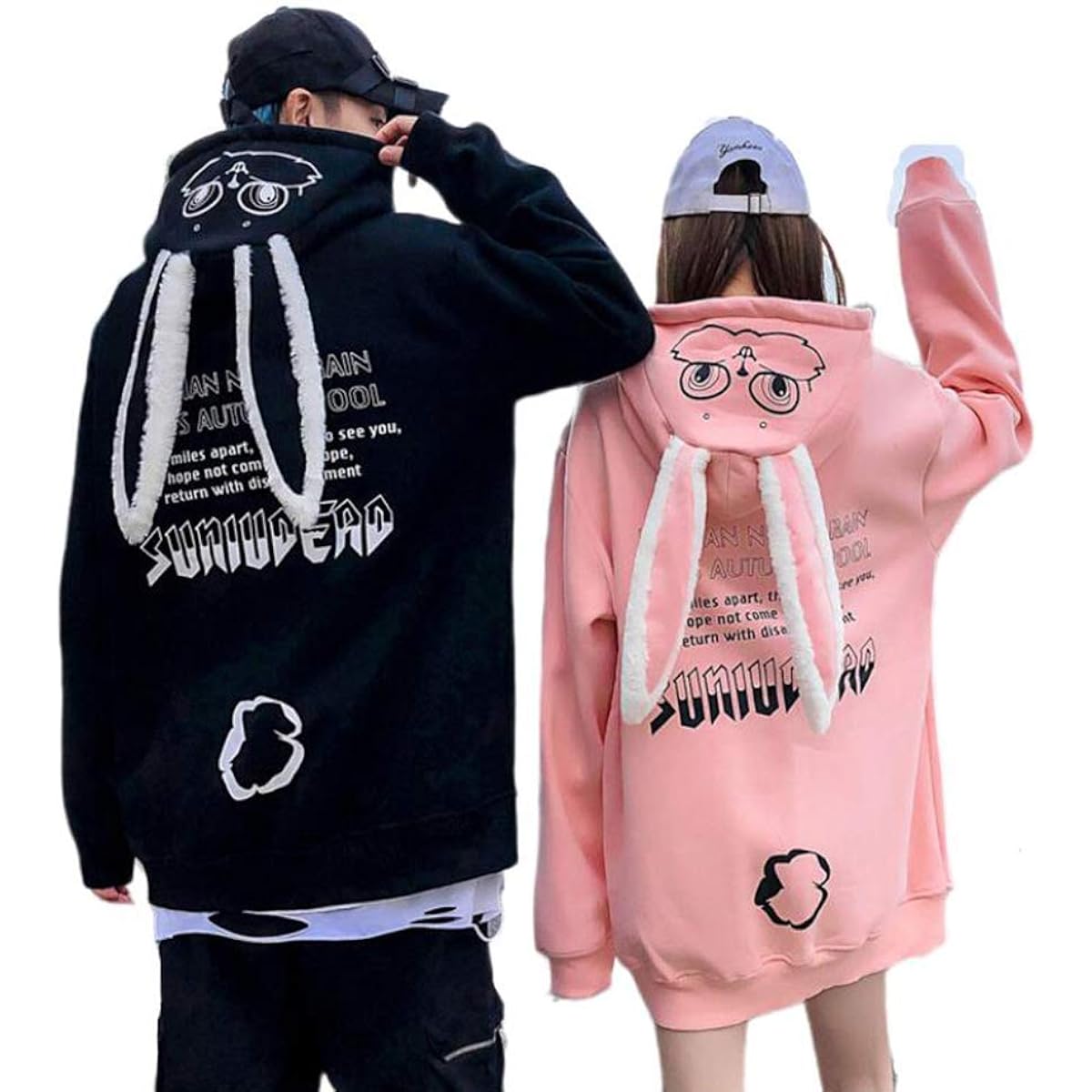 [JUTAOPIN] Matching Look Couple Parka Fleece Lined Couple Matching Sweatshirt Pullover Men's Coat Jacket Long Sleeve Tops Women's Loose Large Size Outerwear Unisex White Black Pink Rabbit Ears L LL 3L