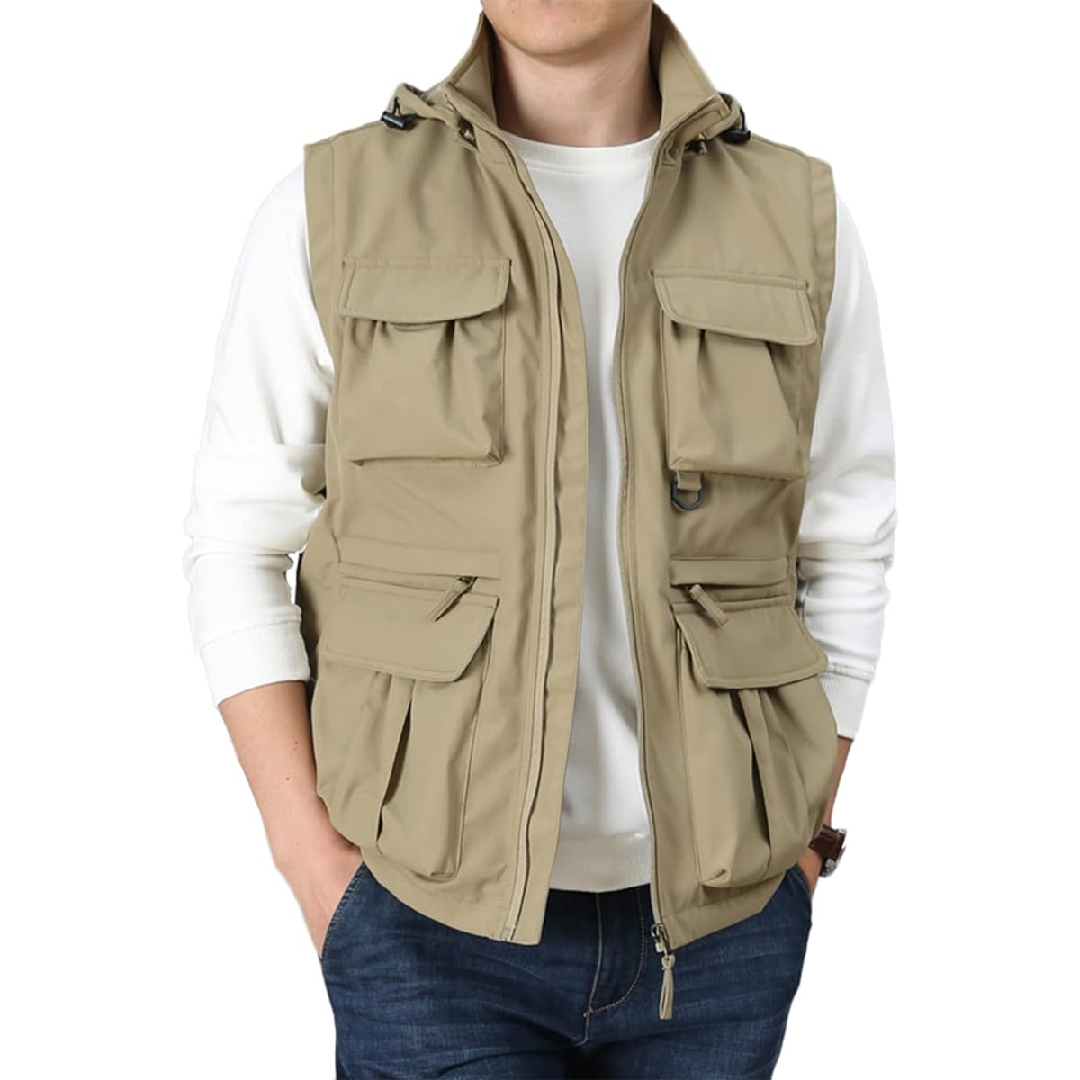 [Rortyno] Fishing Vest, Hooded Vest, Fishing Vest, Nylon Vest, Brushed Lining, Thin, Hooded Vest, Zip Up, Jacket with Many Pockets, Vest, Military, Large Size