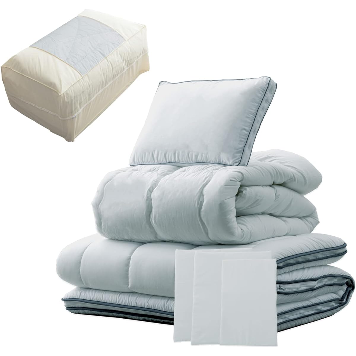 Tansu no Gen Futon Set, Single [All Washable] 7 Piece Set, 3 Layer Futon, Antibacterial, Odor Resistant, Pillow, Futon, Storage Case, Cover Included, Washable, Gray 26700101 01 (78570)