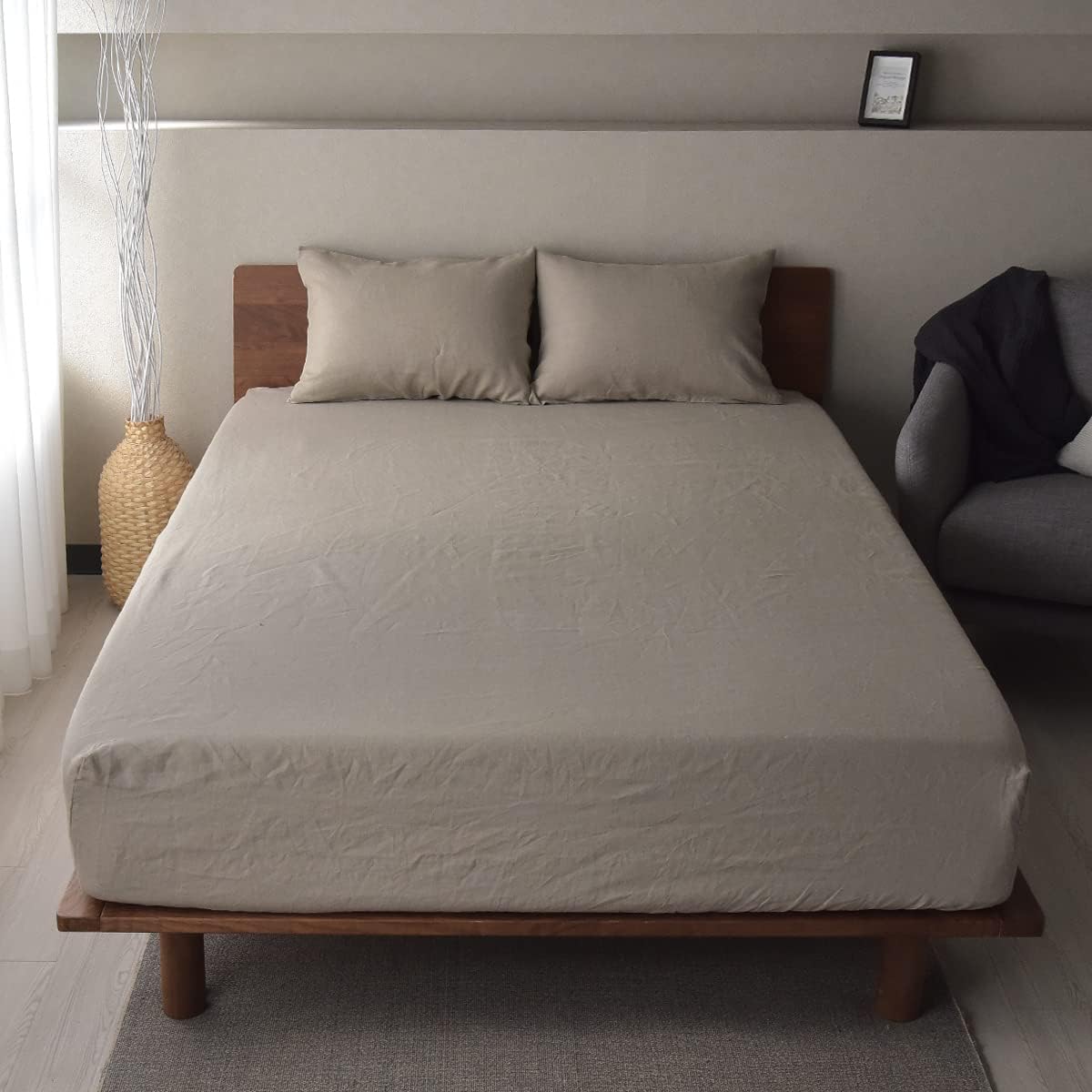 Sleep Tailor Bed Sheets Wide King 100% Linen Made in Japan Size Linen Fitted Sheets Stylish Bed Sheets Scandinavian Washable Sheets Sleep Tailor Reno (Wide King (200 x 200 x 30 cm), Beige) [ST]