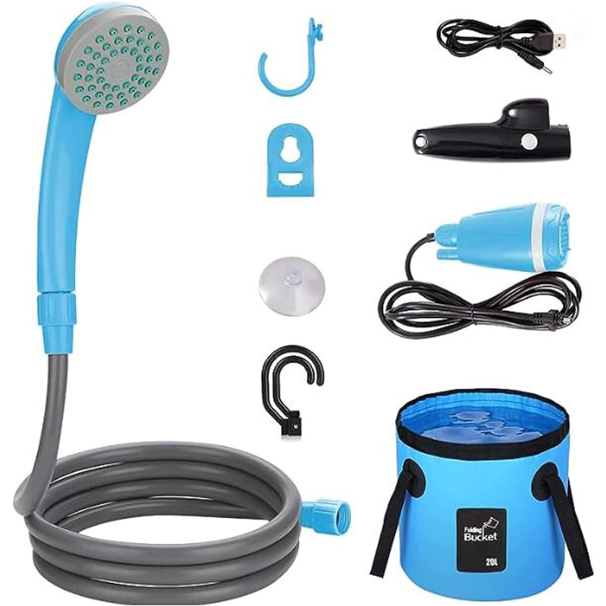 iFCOW Portable Shower, Electric Shower, USB Rechargeable, Outdoor Shower 2200mAh Stamina Operation, Shower Head with Water Stop Function, Outdoor Shower Pump, Watering, Car Washing, Indoors, Outdoors, Suitable for Travel and Camping, Includes 20L Water P