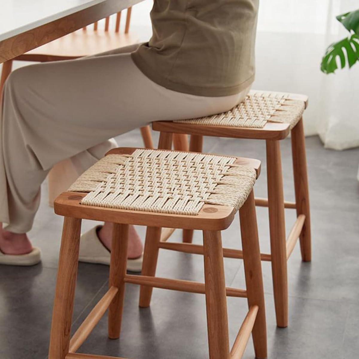 MU RONG Stool Wooden Square American Cherry Rattan Rattan Solid Wood Chair Wooden Chair Wood Stool Dining Chair Living Chair Rattan Chair Durable Rattan Rattan 42cm*36cm*45cm Finished Product Interior Scandinavian Compact