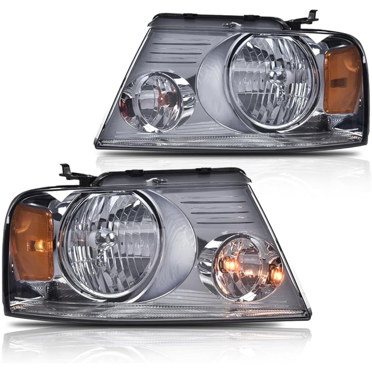CNNELL Headlight 2004-2008 FORD F150 Pickup/2006-2008 Lincoln Mark LT (04 F150 HERITAGE/FLESIDE BEDS model not compatible) Smoky lens chrome housing Amber Reflector