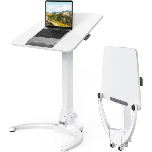 GIBBON MOUNTS Standing Desk, Folding, Adjustable Top Angle, Storage, Gas Pressure, Elevating Desk, Office Work Table, Stepless Adjustment, Movable, Side Table, Telework, Computer Desk, White