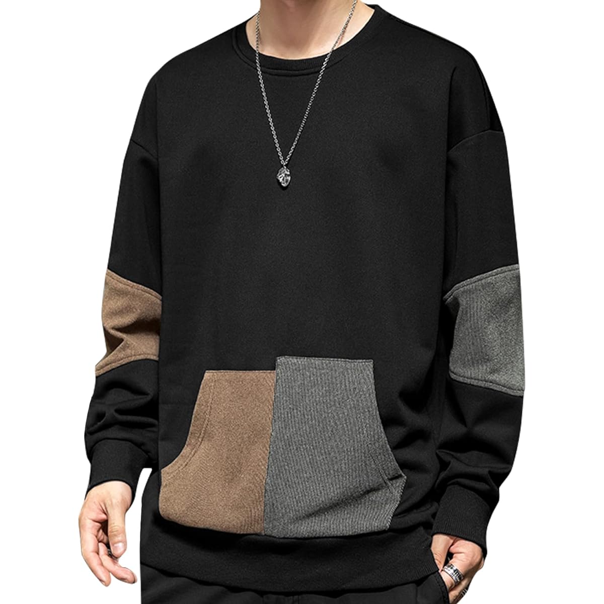 [Bligo] Autumn Sweatshirt T-shirt, Men's, Long Sleeve, Sports, Pullover, Splicing, Stylish, Pockets, Loose, Large Size, Popular, Casual, Fashion, Round Neck, Soft and Comfortable, Spring and Winter Clothes