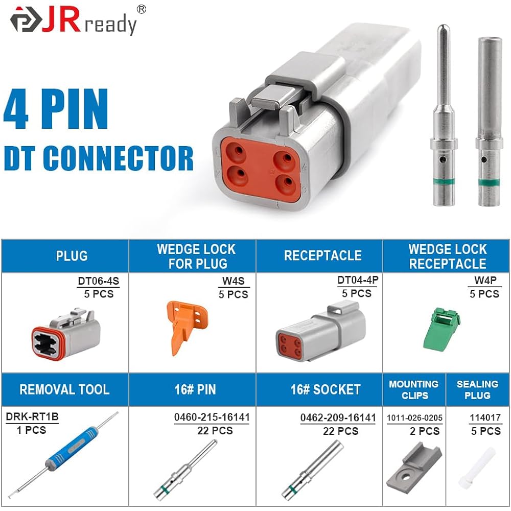 JRREADY ST6328-4 Pinway DEUTSCH DT series connector 5 kit 5 kit 14-20 AWG Waterproof electric wire removal tool DRK-RT04-4P DT04-4S DT connector kit (4 pinway)