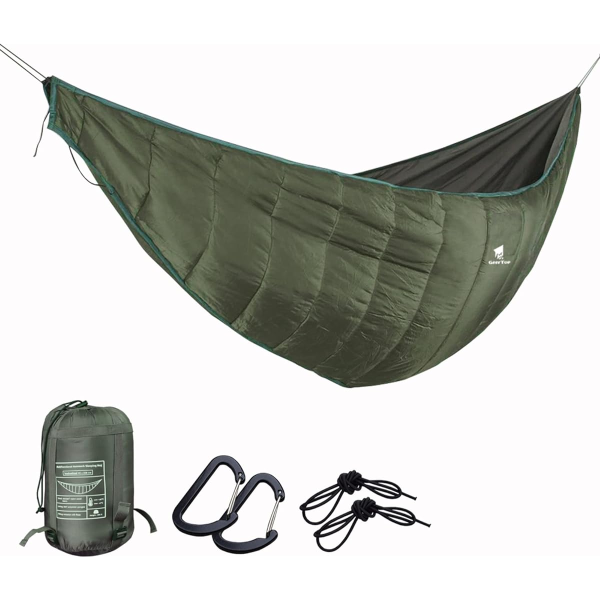 Geer Top Hammock Quilt, Cold Weather Futon, Underquilt, Thick, Sleeping Bag Type, Lightweight, 850g, Applicable Temperature: 5°C-20°C, 3 Seasons, Camping, Travel, Touring, Garden, Portable, Attaches to Hammock, Storage Bag Included, Green