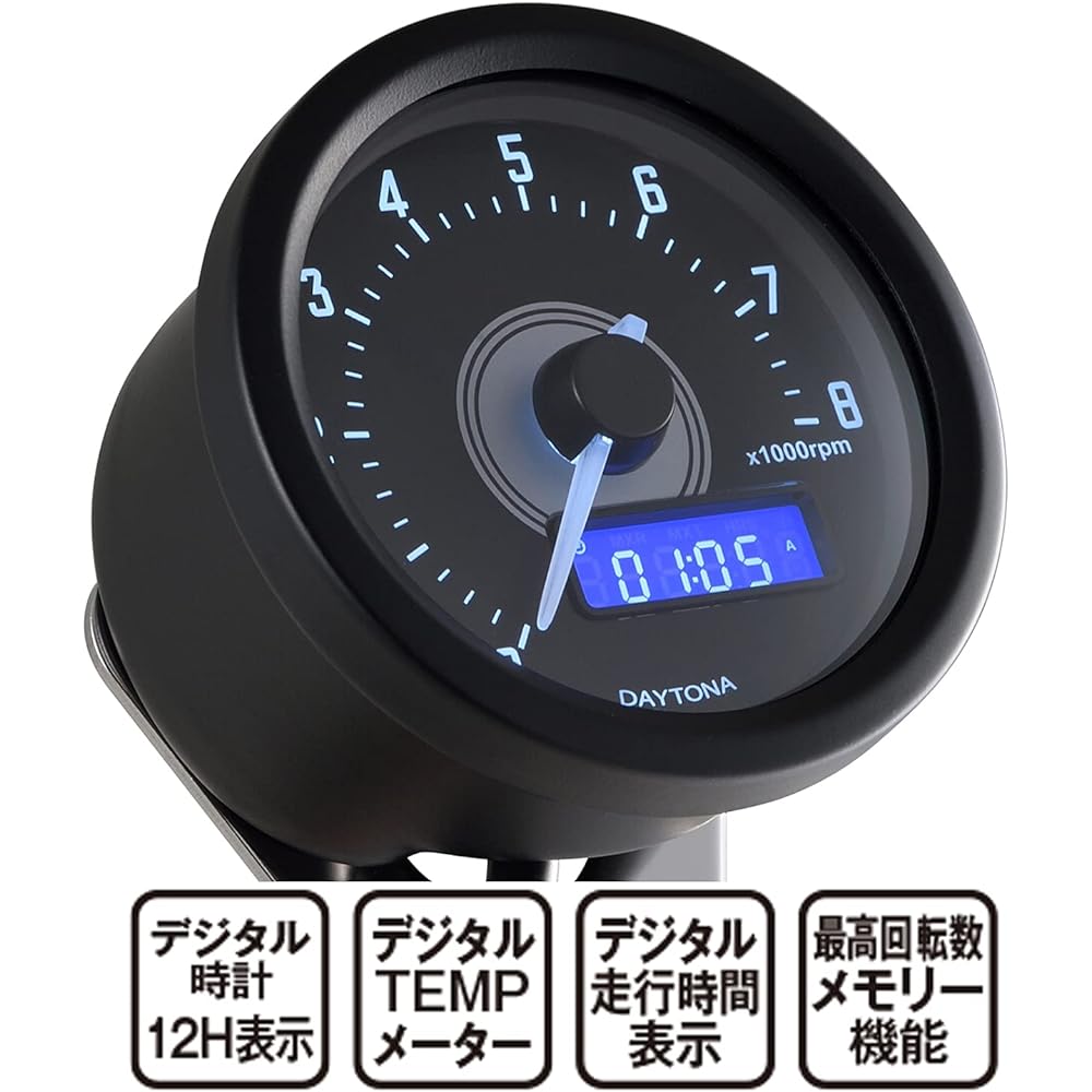Daytona VELONA Motorcycle Electric Tachometer Black Body/White LED φ60 8000rpm Display 22011