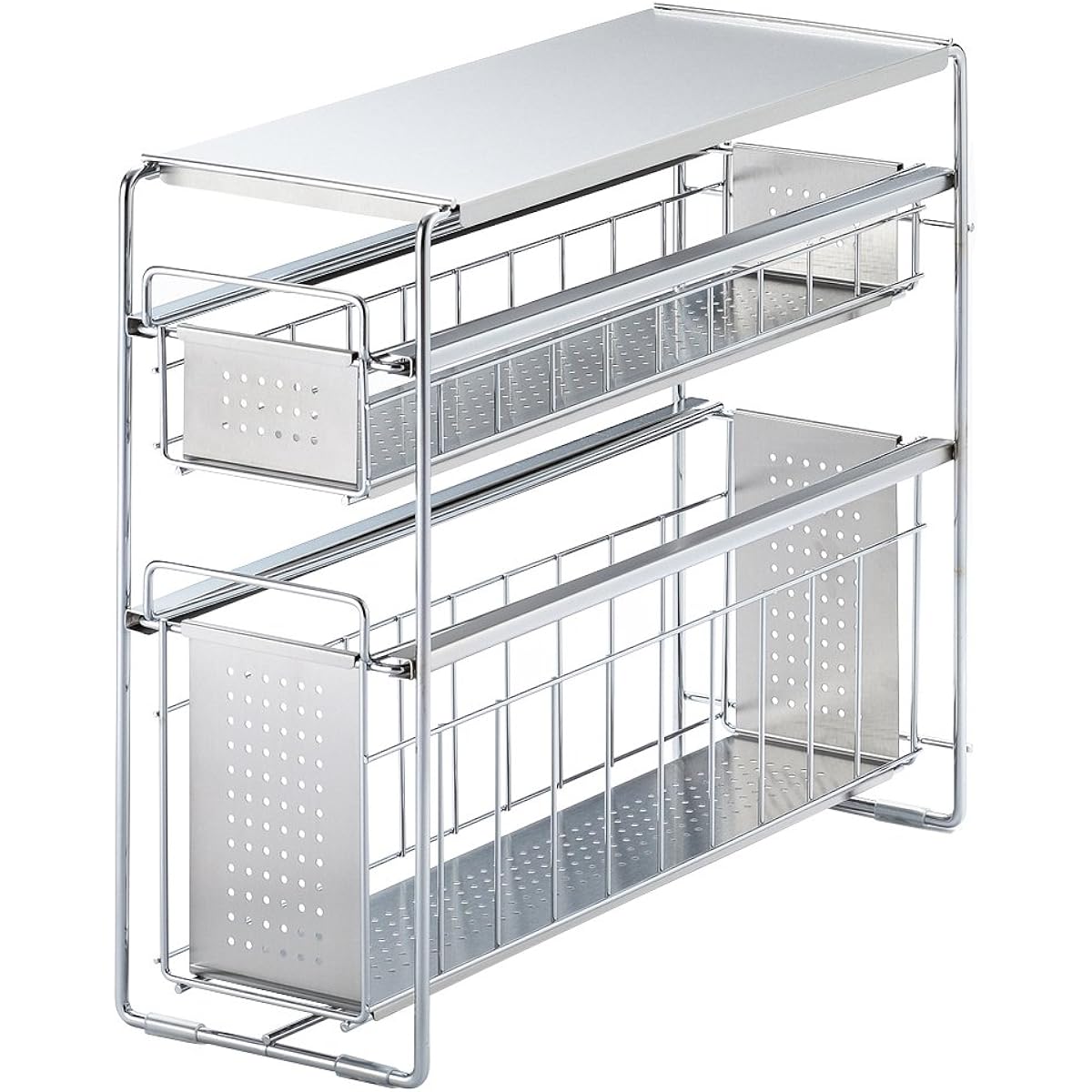 Yoshikawa Made in Japan Under Sink Slide Storage 2 Tiers Width 15 Silver 1305695