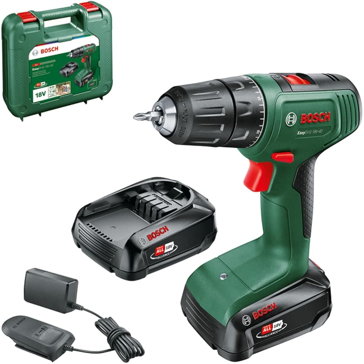 Bosch DIY 18V Cordless Driver Drill (1.5Ah battery, 1 charger (AL1810CV), 1 PH2 driver bit, carrying case) ED118