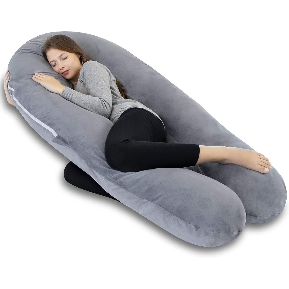 Genki life Body Pillow, Pillow for Pregnant Women, Cushion, Shoulder, Neck, and Waist Support, Backrest, Body Pressure Dispersion, Large Size, All Sleeping Positions, Maternity, High Quality Texture, Fluffy, Velor Fabric, U-shaped, Memory Foam, Gray