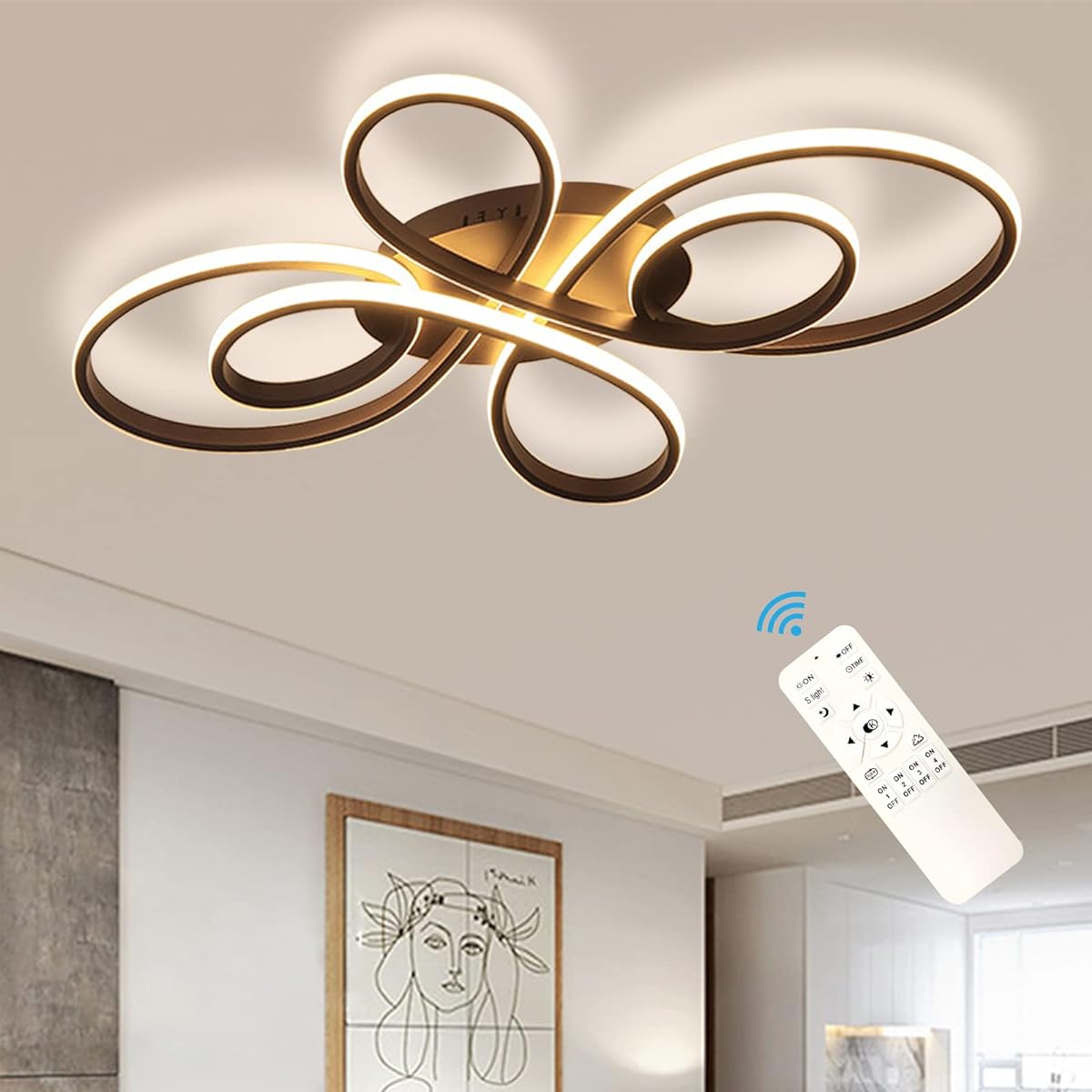 LED Ceiling Light with Remote Control, Stepless Dimming, Night Light, Timing Function, Lighting Fixture, Ceiling/Indirect Lighting, Stylish, Scandinavian, 8 Tatami Mats, Japanese Room, Dining, Living Room, Living Room/Bedroom, 72W (Coffee Color, 80*50*8.