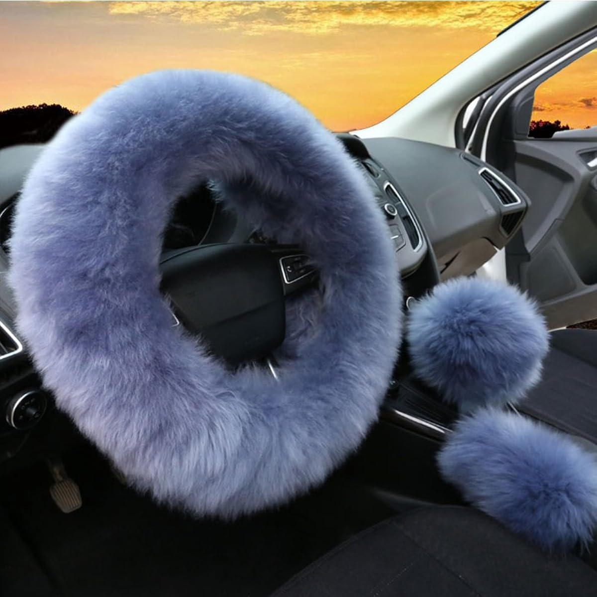 Set 3 points Ladies Fashion Winter Winter Wool Furfur Soft Fur Steering Wheel Cover Gray Blue Fluffy Fluffy Hand Brake Gear Shift Cover Warm Slipping Card Conclusion Long Hair