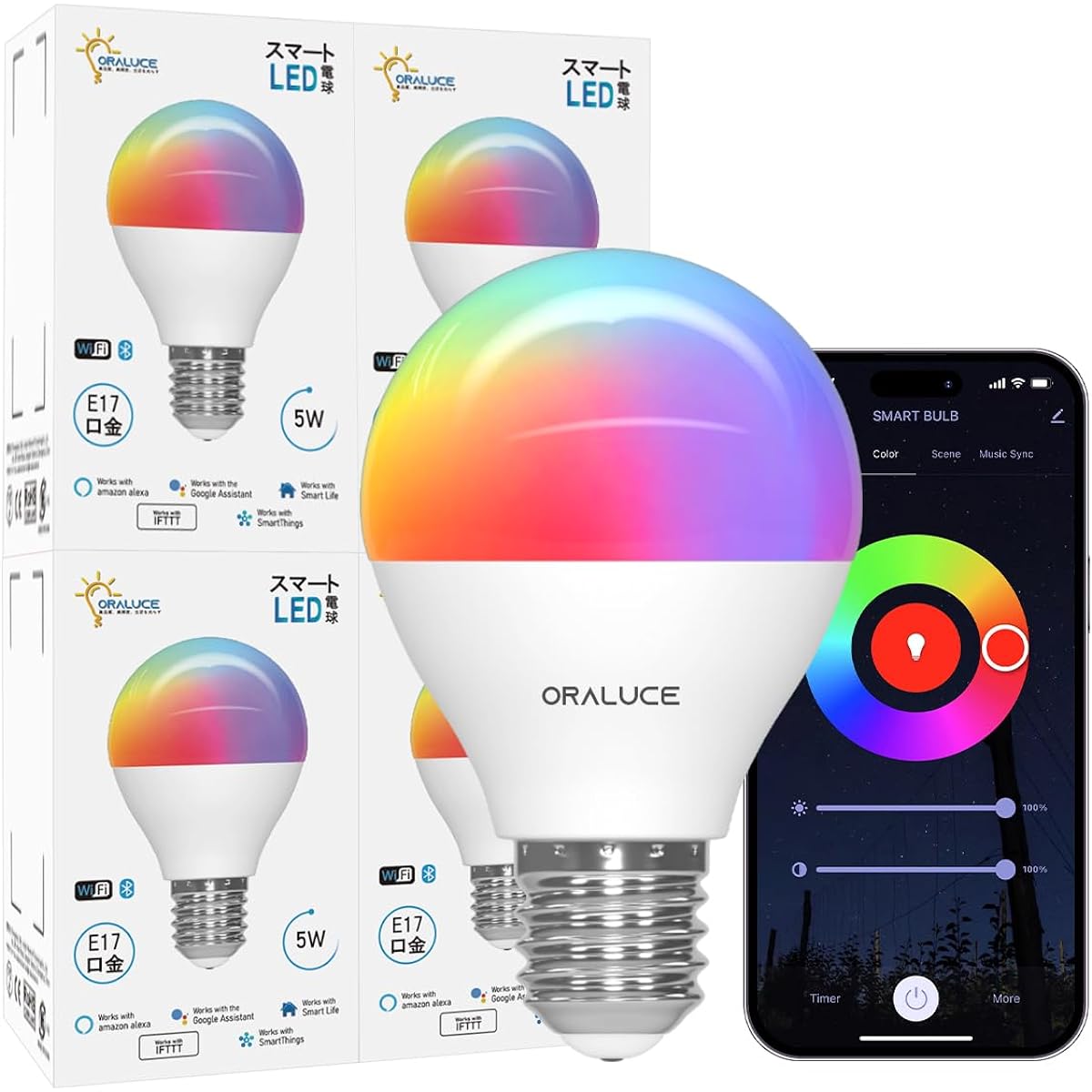 ORALUCE Smart LED Light Bulb E17 Base 40W Equivalent Dimmable Color Smart Light Multicolor 16 Million Colors RGB Daylight White to Light Bulb Color Compatible with Amazon Alexa/Google Home No Hub Required Remote Control Instruction Manual Included Pack o