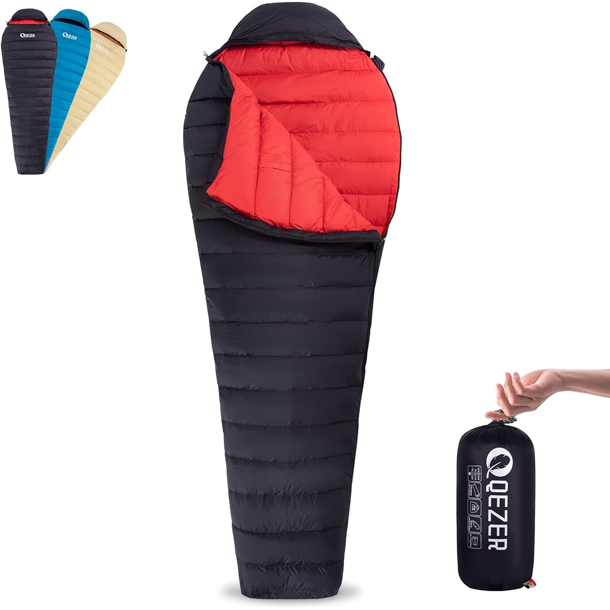 QEZER sleeping bag, compact mummy type, 1200g down filling, winter sleeping bag, 260g/400g down filling, for spring, summer, fall, 650FP high quality down, 400T water repellent, connectable for 2 people, for outdoor camping, mountain climbing, sleeping i
