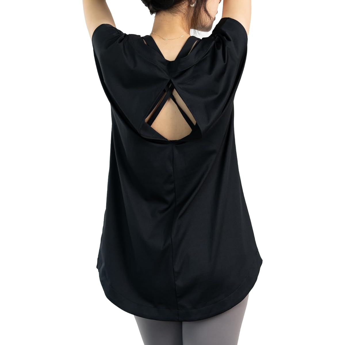 [iito.seasons] Women's Yoga Wear, Beautiful Back, Open Back, Loose Top, Body Covering, Cooling Shirt, Long Length, Short Sleeves, Sports Room Wear, Fitness, Training, Sweat Absorbent, Quick Drying, UV Protection, UV Protection, Thin, Summer, Stylish