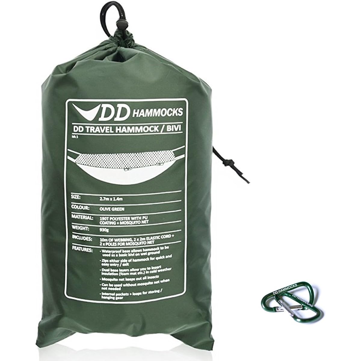 DD Travel Hammock/Bivi Double Layered DD Travel Hammock/Bivi & Set of 2 Mini Karabiners Convenient for Lightweight Use (Olive green) [Parallel Import]