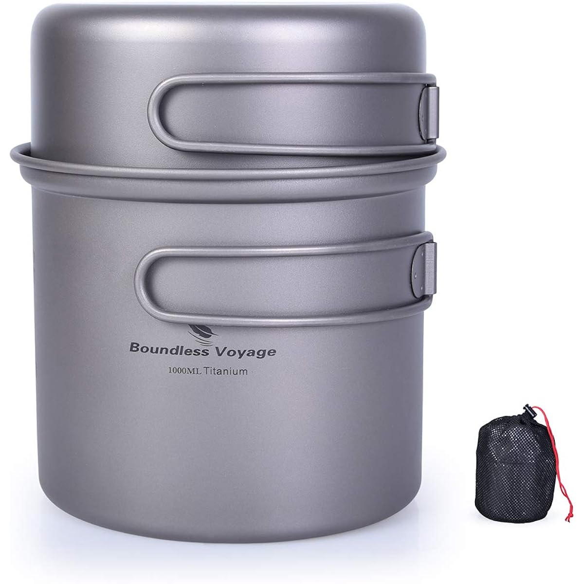 iBasingo 2 Piece Set Titanium Pot Set Ultra Light Outdoor Camping Cooker Set Tableware Cooking Utensils for Living Alone Folding Handle Storage Bag Included