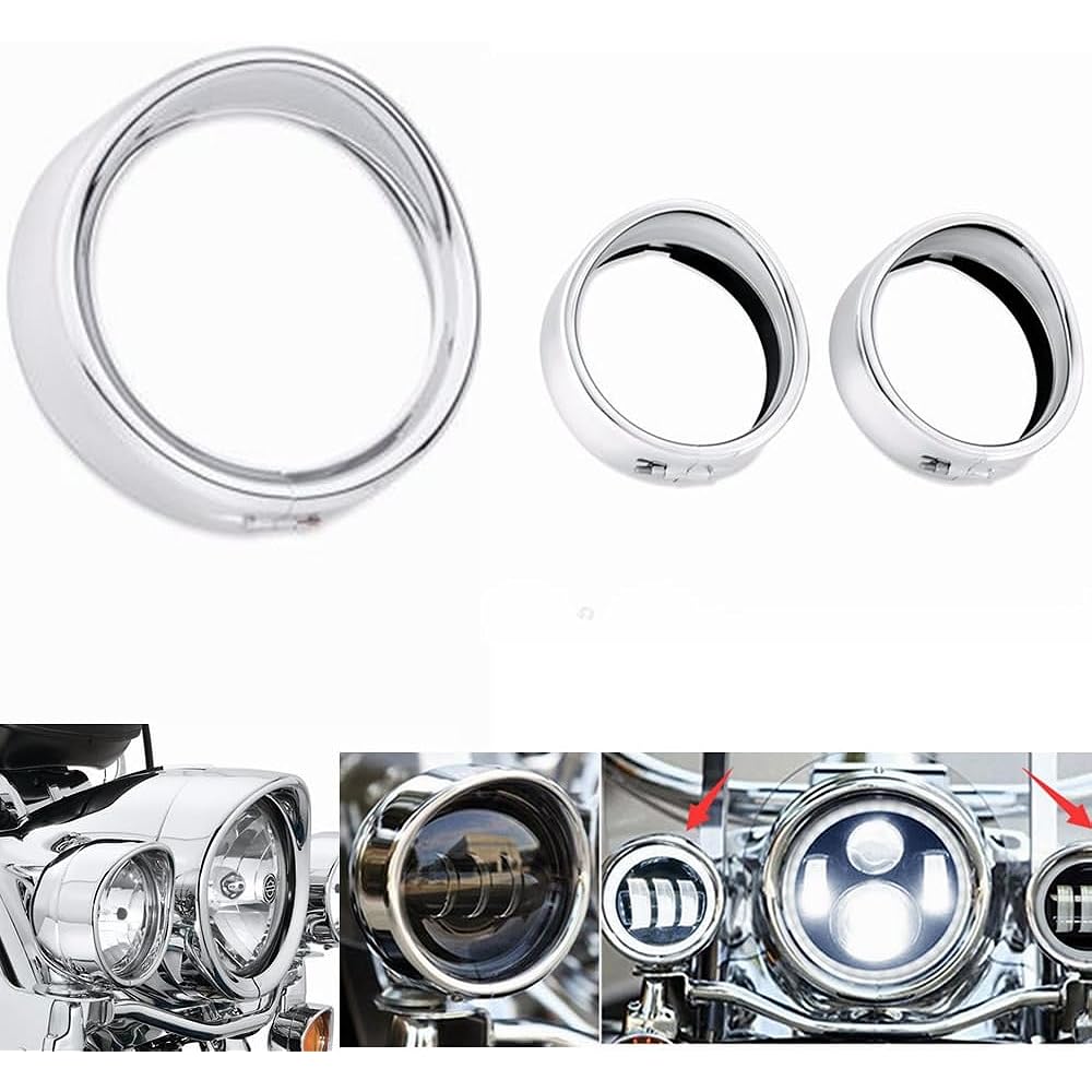 HNAYA Chrome Motorcycle Light French Ring Kit Compatible with Harley 7" Headlight Trim Ring Decorative Visor + 4 1/2" Fog Light Trim Ring Decorative Visor (4.5" + 7.5" Chrome)