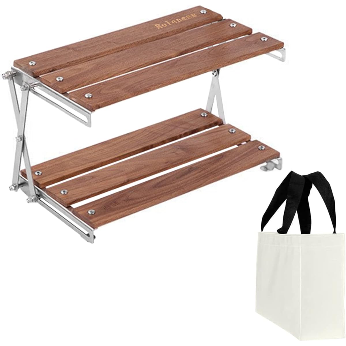 Roleness Outdoor Rack, Folding Camping Rack, Wooden, Compact, Lightweight, No Assembly Required, 2 Tier Tabletop Rack, Storage Bag Included, Small Item Shelf, Interior