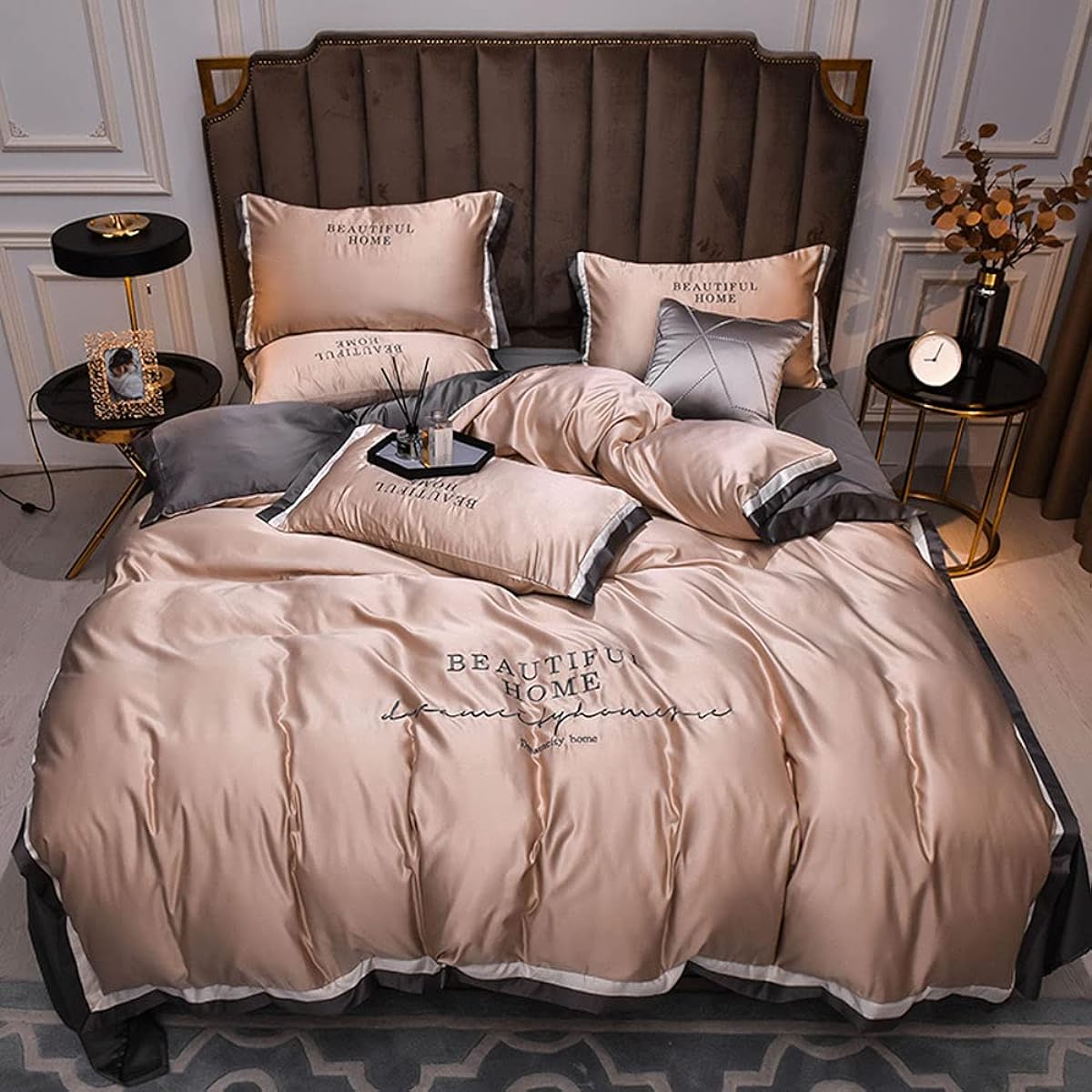 WLDMAI Duvet Cover Set of 4, Double Bedspread, Silk-like Material, Fitted Sheet, Smooth Duvet Cover, Silk, 2 Pillow Shams, Embroidery, Gentle to the Touch, Suitable for All Seasons