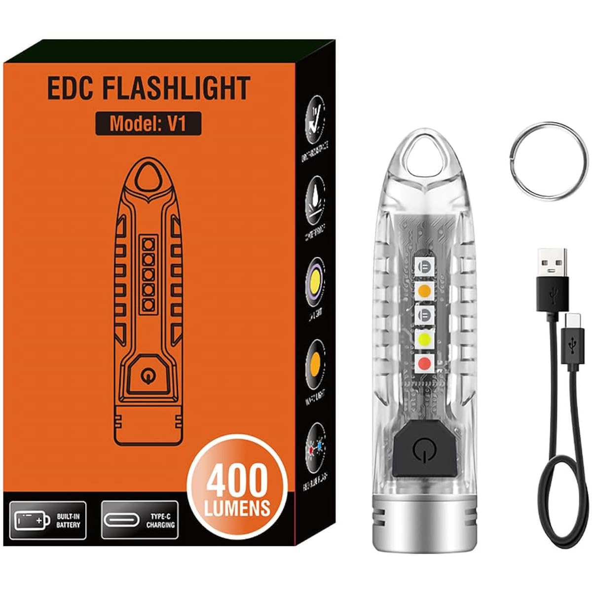 WindFire Keychain Light Flashlight High Brightness 400 Lumens Rechargeable Small LED Powerful Mini Keychain Light White UV Red Blue 4 Color Light Source 12 Lighting Modes Pocket Light Waterproof Key Light Multifunctional Handy Light Lightweight IPX6 Wate