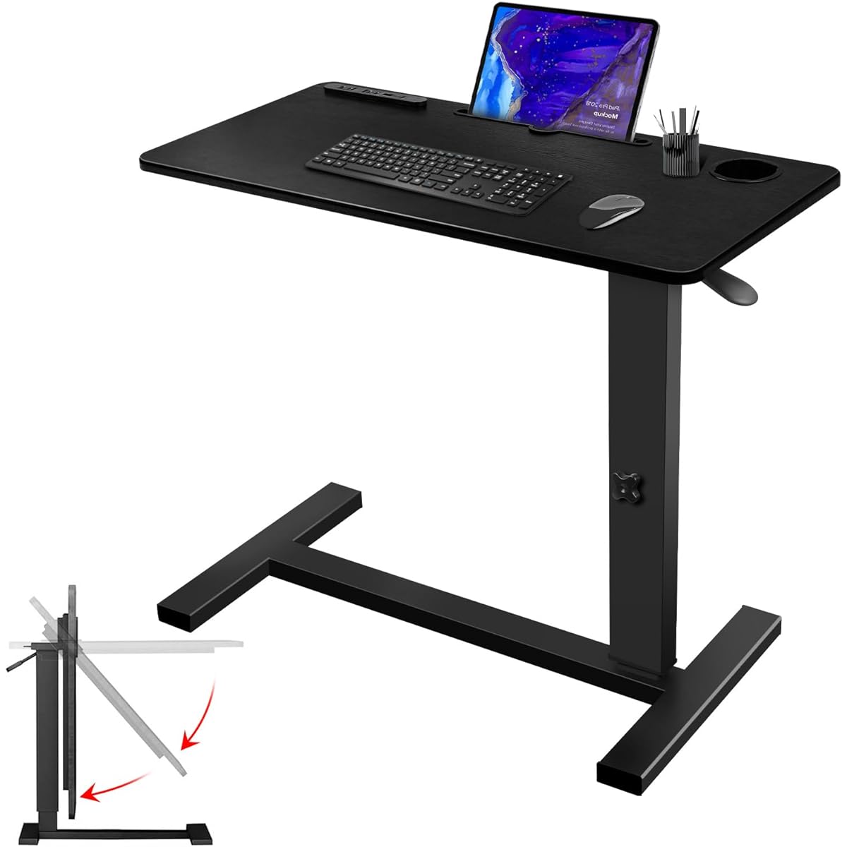 Side table 80CM x 40CM Foldable table plate Gas pressure lift 70~94cm Move freely with 360° rotating roller Nursing care table (Black)