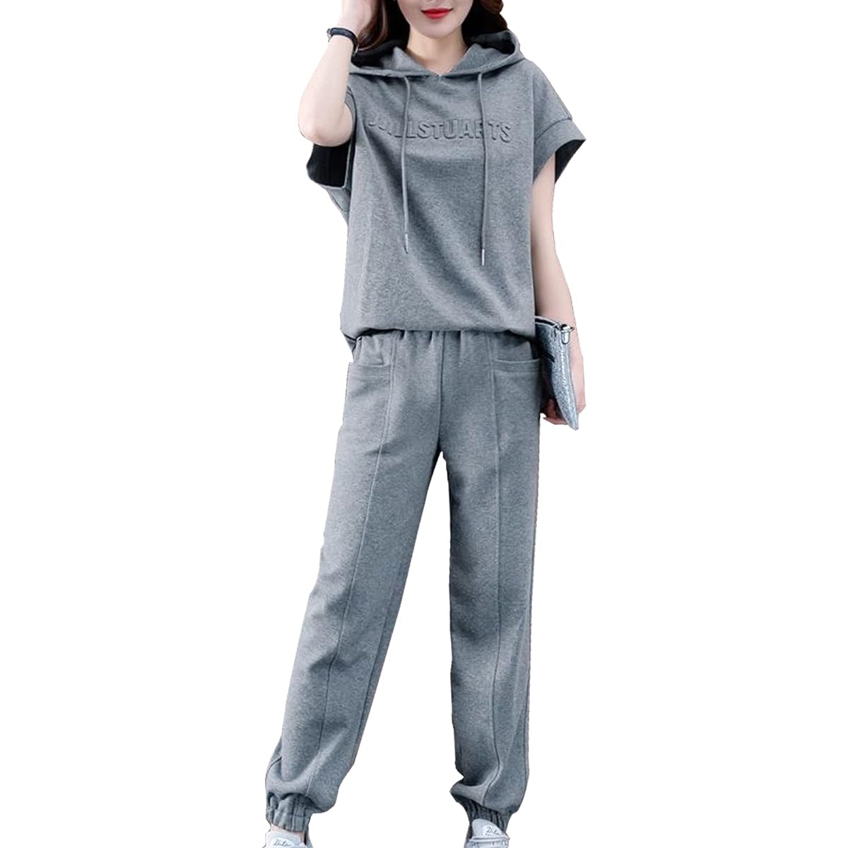 [7-livehouse] Women's Jersey Top and Bottom Set, Short Sleeve Sportswear, Hooded Parka, French Sleeves, Sarouel Pants, Embossed, Quarter Length, Elastic Waist, Loose, Plain, Loungewear, Spring, Summer