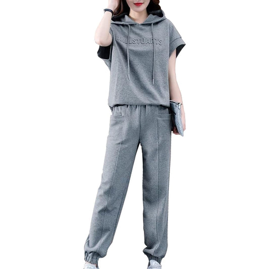 [7-livehouse] Women's Jersey Top and Bottom Set, Short Sleeve Sportswear, Hooded Parka, French Sleeves, Sarouel Pants, Embossed, Quarter Length, Elastic Waist, Loose, Plain, Loungewear, Spring, Summer